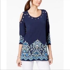 JM COLLECTION blue Grommet Cold Shoulder Top
